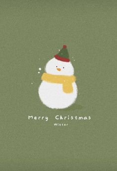 a christmas card with a snowman wearing a green hat and scarf on it's head