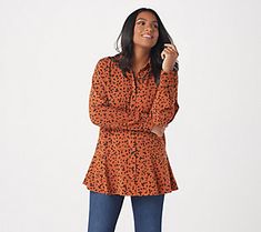 This printed peplum shirt is stretchy and chic -- just how we like our everyday tops, thank you very much. From Susan Graver. Fall Peplum Top For Workwear, Fall Workwear Peplum Top, Fall Season Peplum Top For Workwear, Fall Peplum Top For Work, Casual Peplum Blouse For Fall, Casual Peplum Top, Casual Floral Print Peplum Top, Casual Peplum Blouse, Casual Peplum Top For Work