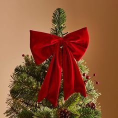 a red bow on top of a christmas tree