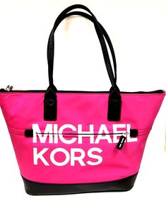 NEW MICHAEL KORS HOT PINK NYLON FABRIC SHOULDER TOTE, BAG, PURSE BRAND NEW with TAGS! 100% AUTHENTIC GUARANTEED Very Stylish! Approximate Dimensions: 11"H x 13" bottom, 17" top  x 5"W 10" Double Handles This beautiful handbag is made out high-quality nylon Polished silver tone hardware Two matching black fabric handles Top zip closure INTERIOR Black signature logo jacquard lining Matching black trim Zip pocket and two (one for phone) slip pockets on the back wall Michael Kors leather plate MICHA Pink Double Handle Shoulder Bag With Logo, Trendy Pink Shoulder Bag With Logo, Pink Michael Kors Shoulder Bag For Errands, Trendy Michael Kors Bag With Zipper Closure, Pink Shoulder Bag With Logo, Pink Logo Shoulder Bag, Trendy Michael Kors Shoulder Bag For Shopping, Michael Kors Pink Bag For On-the-go, Pink Michael Kors Shoulder Bag With Handles