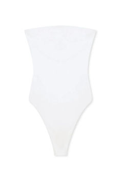 Straight Neck Swimsuit White Lined One-piece For Pool, White One-piece Bodysuit For Pool, White Stretch T-back Swimwear, Ashton Wood, White Nylon One-piece Swimwear, White V-neck Bodysuit For Swimming, Swimsuit White, White Swimsuit, Trim