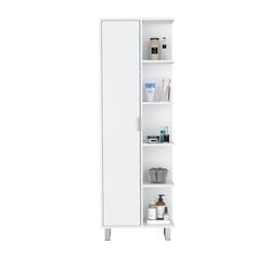 a tall white cabinet with shelves on each side and various items in the bottom shelf