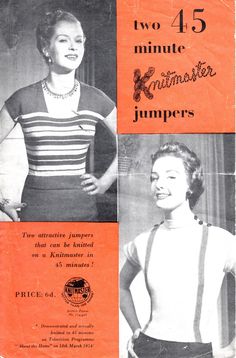 an old advertisement for two minute knitter jumpers from the 1950's, with pictures of women in different styles