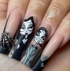 Morticia Addams Nail Art, Halloween Nails Adams Family, Mortician Nails, Halloween Nails Wednesday Addams, Adam’s Family Nails, Addams Family Nail Art, Adams Family Nail Art, Morticia Addams Nails, Wednesday Addams Nail Art