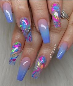 Pin on Amazing At Home Designs Clear Glitter Nails, Blue Glitter Nails, Long Acrylic Nail Designs, Blue Acrylic Nails, Cute Acrylic Nail Designs, Glamorous Nails, Long Acrylic Nails Coffin