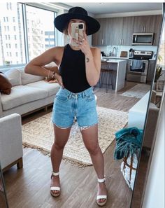 Jean Shorts Outfit, Jean Short Outfits, Cut Off Jean Shorts, Brimmed Hat, Shorts Outfit, Black Tank Top, Summer Is Here, Easy Summer