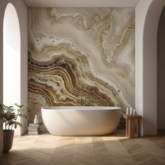 a bathtub sitting in the middle of a bathroom next to a plant and potted plants