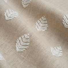 Fernie Linen | Fabric | Stroheim Embroidered Fern, Linen Background, Embroidery Fashion Detail, Embroidery Leaf, Linen Pattern, Natural Bedding, Embroidered Leaves, Linen Drapes, Hand Embroidery Videos