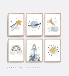 four framed art prints with the words frame not included in different colors and shapes, including an