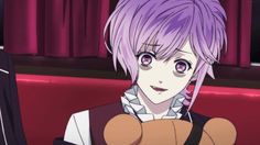 an anime character with purple hair is sitting in front of a red chair and has the caption saying