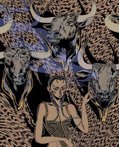 a woman sitting in front of three bulls with horns on her head and another cow behind her