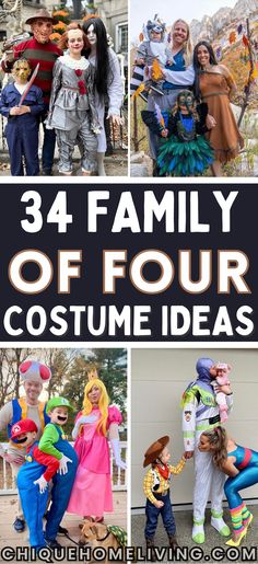 four pictures with the words family of four costume ideas on them and photos of people dressed up in costumes