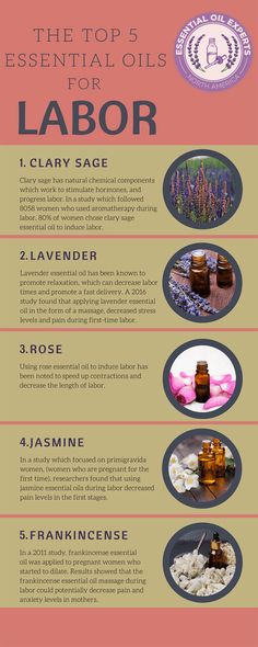 the top 5 essential oils for labor info sheet with images and text on it, including lavender