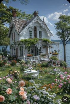 a white house sitting on top of a lush green field next to flowers and trees