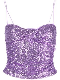 lavender purple stretch-design sequin embellishment gathered detailing exposed rear zip fastening spaghetti straps Purple Sequin Top, Purple Sparkle, Spaghetti Strap Top, Iconic Bags