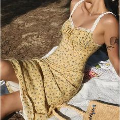 Olivia Mark - Lace Panel Sleeveless Dress with Ruffled Hem in Yellow Floral Print Picnic Photo Shoot, Wrap Around Skirt, Lace Panelled, Lemon Yellow, Types Of Skirts, Corset Dress, Collar Dress, Yellow Floral, Olivia Mark