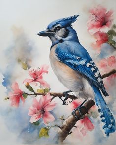 a painting of a blue bird perched on a branch with pink flowers