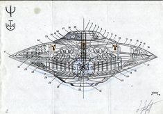 a blueprint drawing of a large boat with many parts on it's side