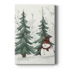 a painting of a snowman standing in front of some trees with a hat on