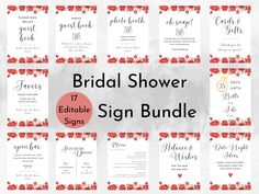 the bridal shower sign bundle is shown in red and white with flowers on it