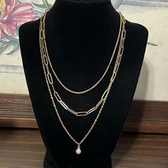 New Gold Plated Stainless Steel Layered Necklace With Chain, Link Chain And Small Faux Pearl Charm. Lobster Clasp Closure With Extender Approx. 16.25-18.25” Chain And Pearl Necklace, Layered Chain, Layered Chains, Long Chain Necklace, Pearl Charms, Layered Necklace, Long Chain, Link Chain, Layered Necklaces