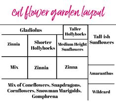 an image of a garden layout with the words cut flower garden layout in pink and black