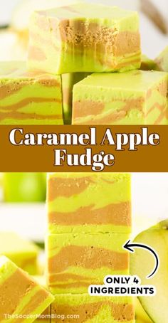 caramel apple fudge is stacked on top of each other with an arrow pointing to it