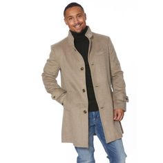 Wool blend 4-button coat. 4 Button Closure Welt Side Pockets Welt Chest Pocket Modern fit 50% Wool, 40% Poly, 10% Other Imported Heritage Brands, Classic Man, Luxury Fabrics, Modern Fit, Chest Pocket, Wool Blend, 50 %, Wool, Stone