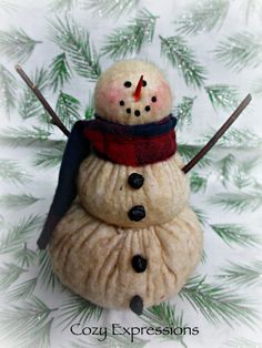 a small snowman with red nose and black eyes