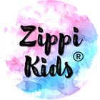 the words zippi kids are painted in black on a pink and blue background