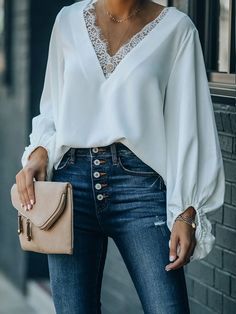 V Neck Paneled Long Sleeve Top Balloon Sleeves Blouse, Lace Balloons, Batwing Sleeve Shirt, Lantern Sleeved Blouses, Balloon Sleeve Top, Cozy Tops, Balloon Sleeve Blouse, White Lace Top, Sleeves Top