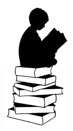 the silhouette of a person sitting on top of a stack of books reading a book