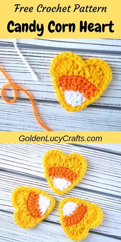 crocheted candy corn heart is shown with the text, free crochet pattern