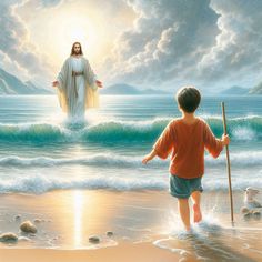 a painting of jesus walking on the beach with his son, who is holding a staff