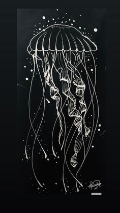 a black and white drawing of a jellyfish on a black background with bubbles in the water