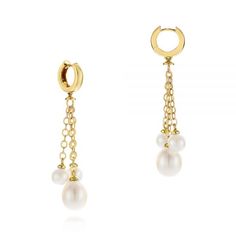 105350 18k Yellow Gold Earrings   6 Pearls   Joseph Jewelry. These stunning chandelier pearl earrings make the picture-perfect jewelry piece to complement your evening look and give it a boost of playful finish. Created in 18k yellow gold, these earrings feature multi-length drops of yellow gold chains adorned with unblemished white pearls of different sizes.      This lively combination of dangling chains and pearls gives this piece its own fresh and classy character. If this pair got you inspi Luxury White Dangle Hoop Earrings, Fine Jewelry Yellow Gold Dangle Pearl Earrings, Luxury Dangle Pearl Earrings With Charm, Yellow Gold Pearl Drop Dangle Chandelier Earrings, Formal Yellow Gold Chandelier Earrings With Pearl Drop, Classy Character, Stunning Chandelier, Fluid Design, Yellow Gold Earrings