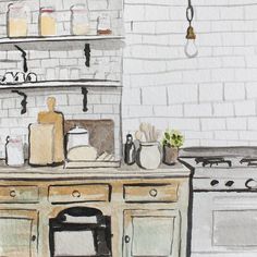 a drawing of a kitchen with an oven, stove and counter top in the background