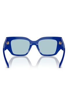 Statement-making frames fitted with UV-protective lenses bring a modern aesthetic to these Italian-made sunglasses with logo-stamped temples. 51mm lens width; 20mm bridge width; 140mm temple length 100% UV protection Acetate Made in Italy Blue Square Frame Sunglasses With Tinted Lenses, Blue Wayfarer Shield Sunglasses With Gradient Lenses, Blue Mirrored Lenses Square Frame Sunglasses, Blue Square Frame Sunglasses With Mirrored Lenses, Blue Tinted Sunglasses For Pool, Modern Blue Cat Eye Sunglasses With Gradient Lenses, Modern Blue Square Frame Sunglasses, Modern Blue Sunglasses With Uv Protection, Modern Blue Cat Eye Sunglasses With Polarized Lenses