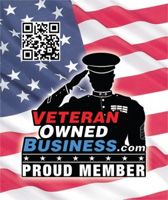 an american flag with the words veteran owned business, and a silhouette of a soldier