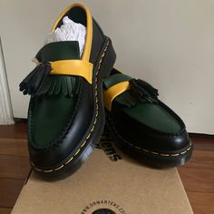 Smooth Skin, Black, Green, Yellow. Size Us 5. Very Hard To Find. Brand New Dr Martens Adrian Loafers, Adrian Loafers, Mary Jane Wedge Shoes, Dr Martens Adrian, Japanese City, Patent Leather Oxfords, Black Oxford Shoes, Shoes Dr Martens, Dr Martens Womens