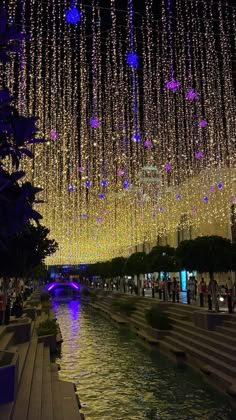 lights hanging from the ceiling over a river at night