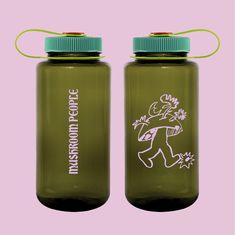 two green water bottles sitting side by side on a pink background, one with a blue lid and the other has a white drawing of a running deer