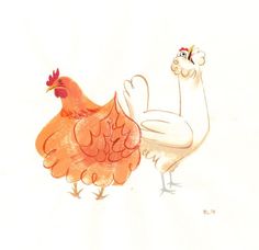 two chickens standing next to each other on a white surface