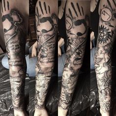 three different views of a man's arm with tattoos on it