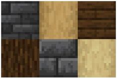 four different colors of wood and stone in pixel art style, each with an interesting texture