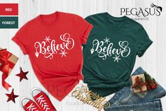 Believe Christmas Shirt, Women's Christmas Shirt, Believe T-Shirt, Believe Shirt, Believe Santa Shirt, Christmas Shirt, Holiday Tee  HOW TO ORDER  → Please pick your t-shirt type and size. → Please pick your t-shirt color → Select the quantity → Click add to cart → We are choosing design colors(lettering color) depend on your shirt color. Black or White. If you have specific request for design color you can add a note to seller.  SIZE  → We have size chart on under t-shirt color charts.  ABOUT PPRODUCT  Soft Style T-shirts   MATERIAL CARE INSTRUCTION  → Inside out, wash with delicate cycle. → Lay flat to dry → Do not bleach → Do not iron directly onto the design → Do not dry clean.  PRODUCTION  → Processing time is 1-3 business days.  Shipping  → Domestic Shipping → First Class 2-5 Busines Casual Red Holiday Shirt, Casual Crew Neck Shirt For Festive Occasions, Casual Red Top For New Year, Red Casual Festive Shirt, Casual Red Festive Shirt, Groom Shirts, Believe Christmas, Wedding Party Shirts, Memory Shirts