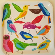 a colorful tray with birds on it