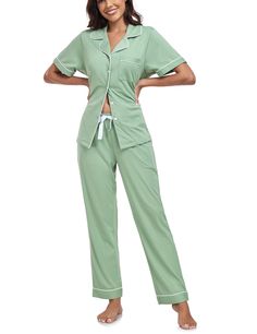 PRICES MAY VARY. PURE COTTON MATERIAL: Button up pajama set for women is made of 100% cotton, Natural fiber is soft, skin-friendly, lightweight, breathable, sweat absorbable and wicking, which keeps you easeful and refreshed while sleeping CLASSIC STYLE：Two piece pajama set featuring classic sleepwear style, notch collar and left chest pocket, Delicated piping details make this womens pajama set stylish and elegant; The super soft pjs set features two convenient pockets CONVENIENT BUTTON DESIGN: Soft Pjs, Ladies Lounge, Button Up Pajamas, Pjs Set, Cotton Pajamas Women, Womens Pajama, Cotton Pajama Set, Button Down Short Sleeve, Cotton Pajama Sets