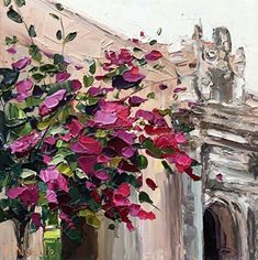 a painting of pink flowers in a green vase on a table next to a building