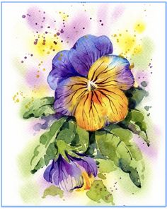 a watercolor painting of a purple and yellow flower with green leaves on the side